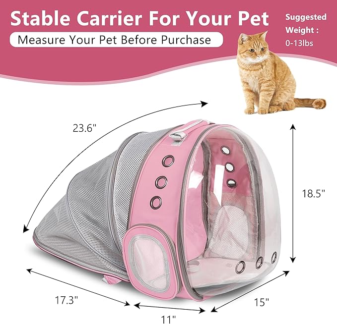 Cat Backpack Carrier Back Expandable Bubble Pet Carrier Backpack for Large Cat, Kitten and Dog, Designed for Hiking, Travelling and Outdoor Use (Back Expandable-Pink)