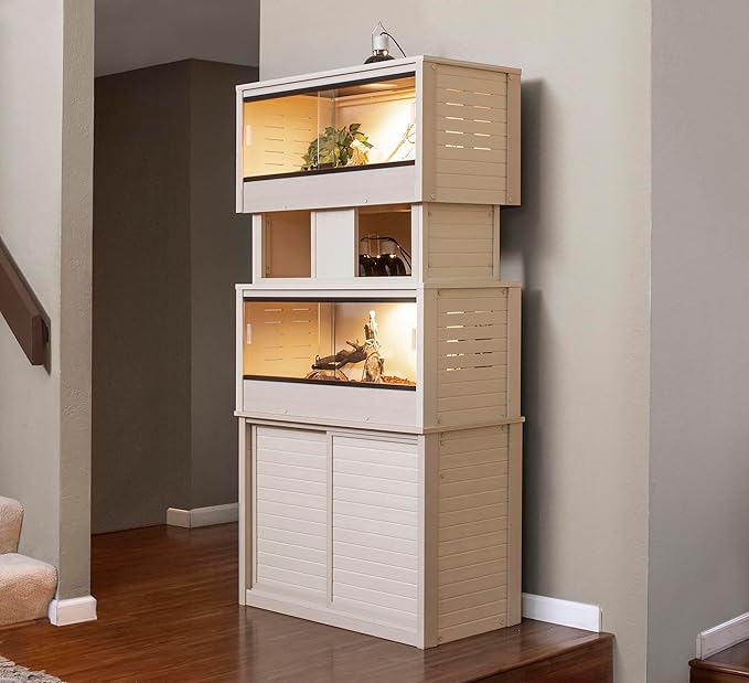 New Age Pet ECOFLEX Two Medium Reptile Enclosures with Matching Stacker and Cabinet Stand Set in Maple