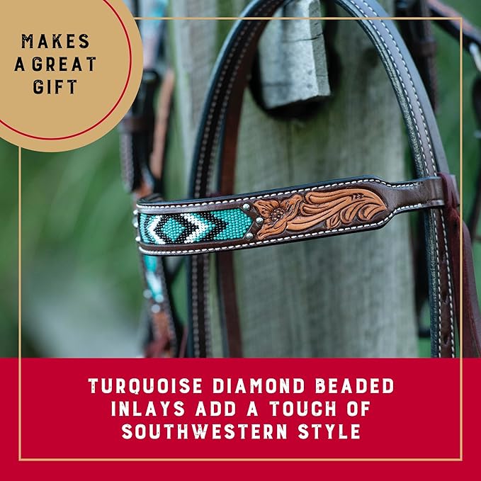 Weaver Leather Turquoise Diamond Beaded Horse Headstall, Leather Headstalls for Horses for Trail Riding, Durable Equine Supplies, Dark Oil