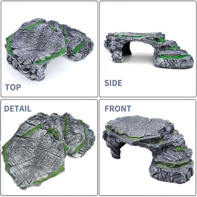 Turtle Basking Platform Kit, Reptile Habitat Hideout, Decorative Resin for Aquarium & Terrarium, Including Artificial Plant and Cleaning Brush. (A-Large-Black)