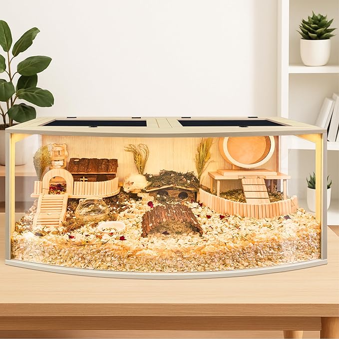 Prolee Hamster Cage Chew Proof Wood, Hamster Enclosure Openable Top with Curved Design,Waterproof Small Animals Cage with Acrylic Sheets for Gerbils,Hamsters Habitat (48"x20"x20")