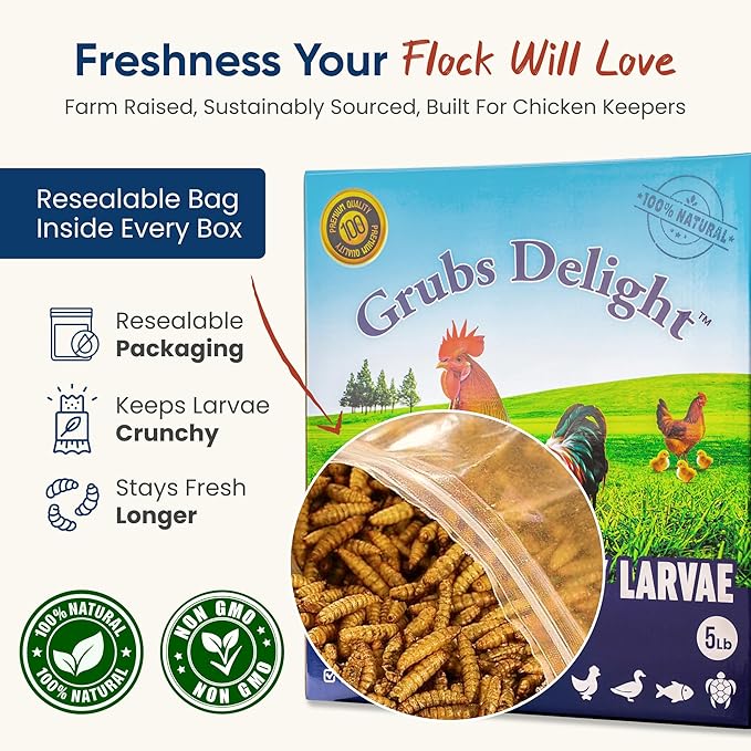 5LB Dried Black Soldier Fly Larvae for Chickens – 85x More Calcium Than Mealworms, for Chickens and Birds, 100% Natural Non-GMO Chicken Worms Treats, High Protein & Calcium Poultry Feed