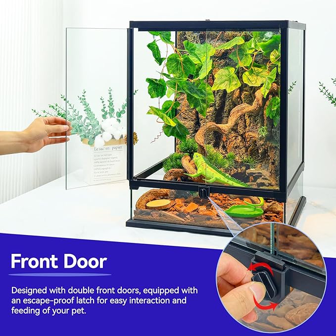 Full Glass Panoramic Vivarium for Crested Gecko Tank, Snake Enclosure, Reptile Cage with Front Door, Enhanced Ventilation & Concealed Wiring Holes 12.6" L x 12.6" W x 18" H