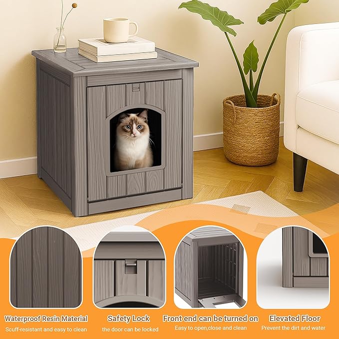 DRATO Outdoor Cat House -Weatherproof Resin Cat Houses for Outdoor Cats, Durable, Easy Assembly,cat igloo outdoor，Durable & Insulated Shelter for Garden, Patio, or Backyard（Grey，18.46*23.62*21.42）