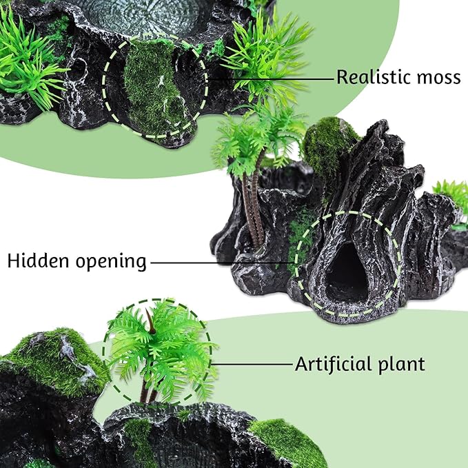 PINVNBY Reptile Water Dish, Crested Gecko Food Dish, Artificial Plants and Moss Reptile Food Water Bowl for Bearded Dragon, Lizards, Geckos, Turtle, Hermit Crab, Snake (with Moss)