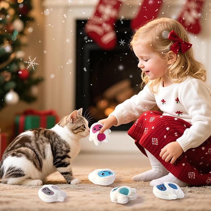 MALLMALL6 Snow Monster Catnip Toys - 5Pcs Winter Christmas Catmint Interactive Cat Toy for Indoor Kitten, Soft Plush with Cute Expression Supplies, Kitty Teething Chew Toy Set Xmas Gifts for Cat Lover