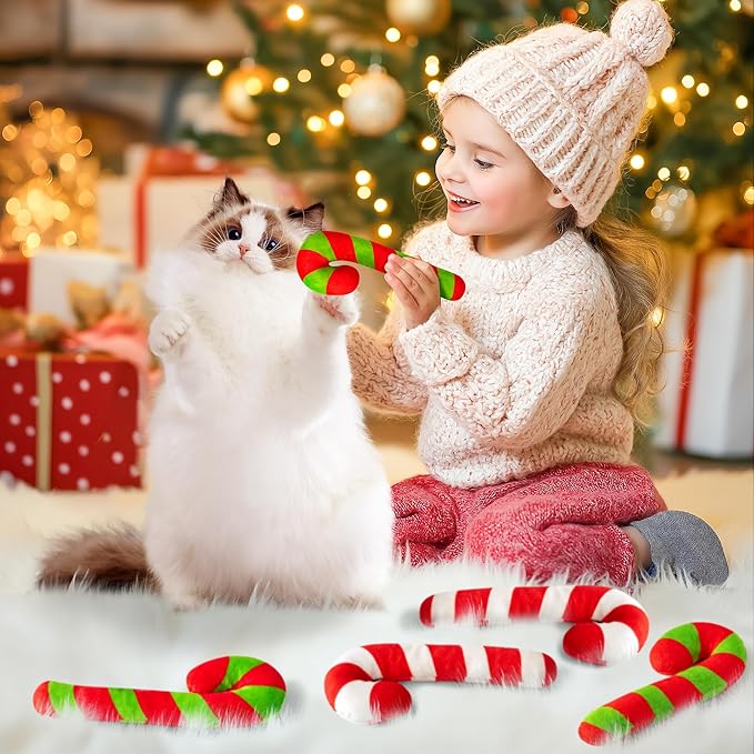 MALLMALL6 6Pcs Christmas Candy Cane Catnip Toys Gift for Cat, Indoor Cat Chew Bite Kick Catmint Pet Toys Supplies for Cat Lover Xmas Gifts, Cute Interactive Cat Toy for Pet Presents