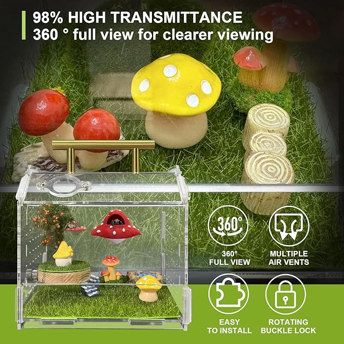 Jumping Spider Enclosure, 5.9" X 4.7" X 5.5" Acrylic Spider Habitat, Front Opening Reptile Terrarium with Matrix Ventilation Holes & Feeding Holes, for Hermit Crab Tarantula Mantises Beetles