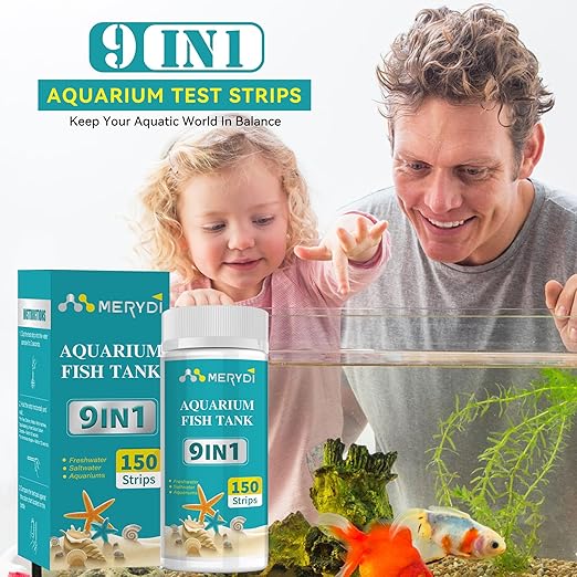 Aquarium Test Strips, 9 in 1 Fish Tank Test Kit for Freshwater Ponds, 150 ct Quick & Accurate Water Testing Iron Copper Sodium Chlorine Nitrate Nitrite Total Alkalinity Hardness Free Chlorine pH
