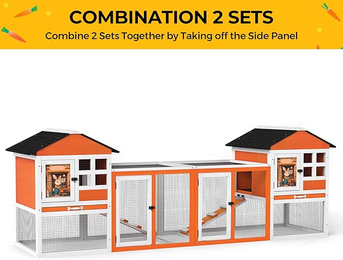48" L Rabbit Hutch Outdoor Indoor, Expandable 2-Story Large Wooden Bunny Cage with Run, Removale Tray, Top-Opening Waterproof Roof, 2 Doors, DIY Drawing Board, Orange + Colorful Pattern