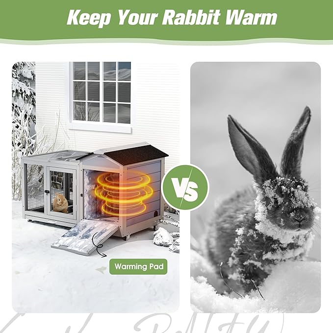 COZIWOW 39IN Heated Rabbit Hutch with Wheels, Insulated Indoor/Outdoor Bunny Cage House with Cleaning Tray, Sun Panel & Animal Pattern, Spacious Rabbit Cage for 1-2 Bunnies, (Warm Grey & Pattern)