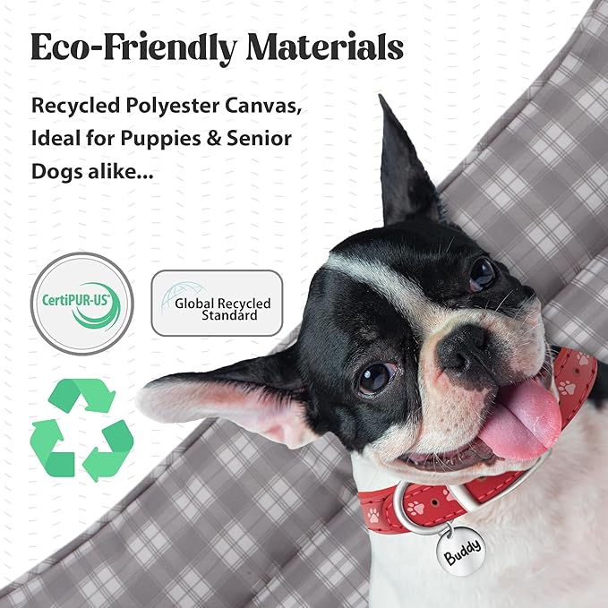 Orthopedic Bolster Dog Bed – CertiPUR-US Foam, Recycled Polyester Canvas, Washable Cover, Anti-Slip Bottom, Large, Light Blue Check – Stylish Designer Dog Sofa
