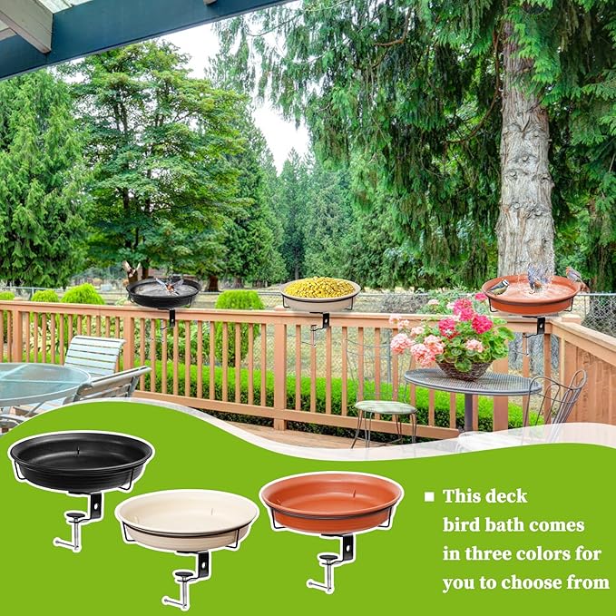 AUHOKY Bird Bath Deck Mounted Bowl 11 Inches, Balcony Railing Birdbaths Unheated, Bird Bath Fence Clamp Detachable (White)