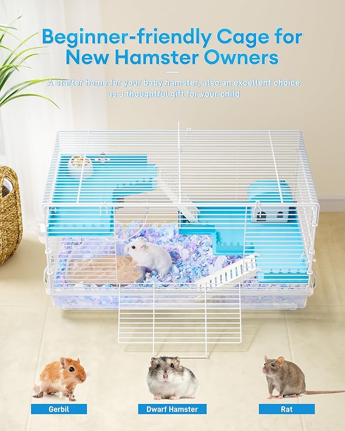 BUCATSTATE 3 Levels Small Hamster Cage with Accessories, 8-in-1 Small Animal House for Dwarf Hamsters, Mice, Gerbils (18.5"x11.8"x11.8")