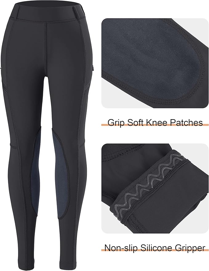 SANTINY Girls Horse Riding Pants with Zipper Pockets Kids Stretchy Equestrian Breeches Knee-Patch Youth Schooling Tights