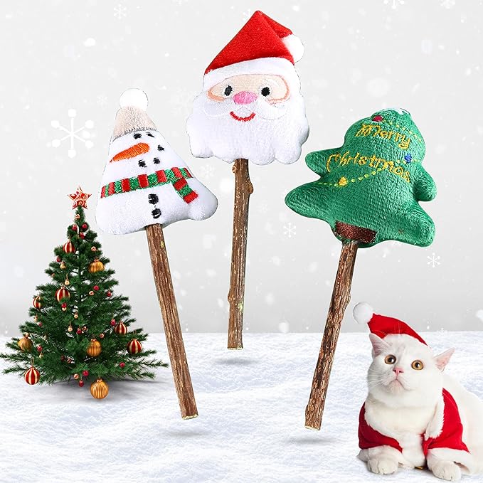 Christmas Catnip Toys Cat Chew Toy, 3Pcs Silvervine Sticks for Cats, Soft Plush Teething Chew Toy, Kitten Catnip Toys for Cats Exercise, with Gift Box