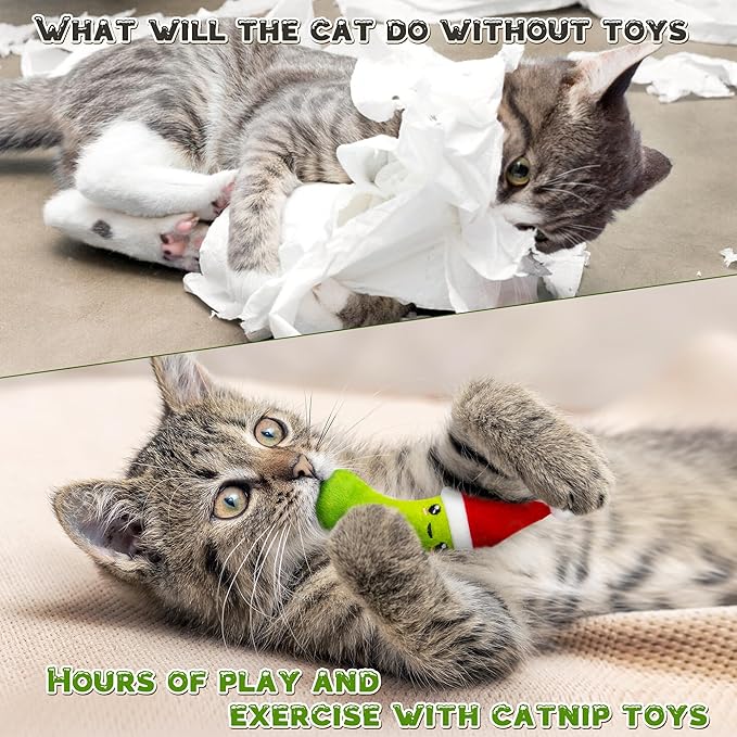 MALLMALL6 Catnip Toys for Cat - 5Pcs Christmas Pickle Catmint Interactive Cat Toy for Indoor Cats, Soft Santa Hat Kitten Supplies, Kitten Teething Chew Toy Set, Pet Xmas Gifts for Kitty Lover