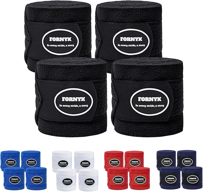 Horse Polo Leg Wraps, Fleece Wraps Elastic Bandages, Comfort Equestrian Standing Wraps, Set of 4, Boot Protection Stable Wraps Supplies (Full 10ft Black)