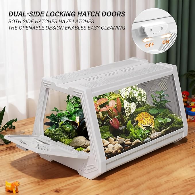 Reptile Terrarium,Anti-Breakage Lizard Cage, High-Transparency Viewing Window,Dual-Side Escape-Proof Doors,Integrated Lighting,Ideal for Mini Gecko,Insect,Tarantula,Frog，White