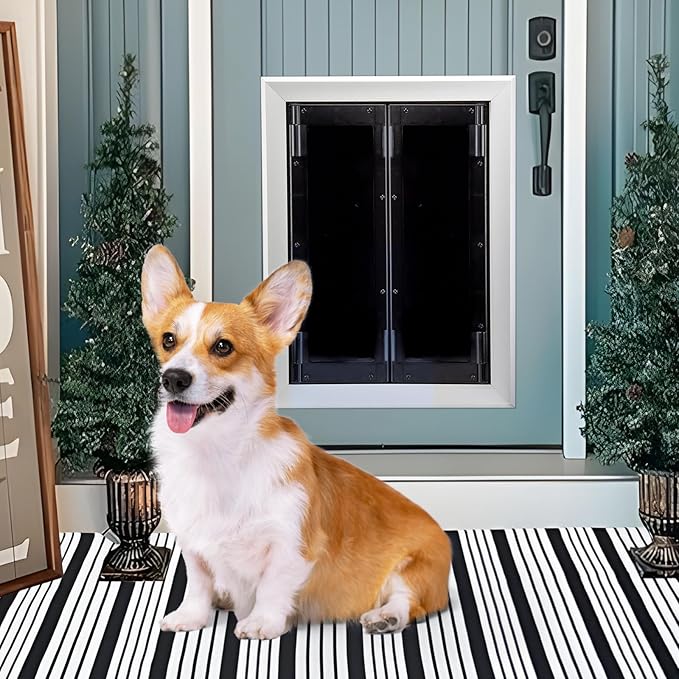 Aluminum Pet Door with Panels,Durable Dog Door with Automatic Closing Magnetic Flaps, Slide-in Panel & 4 Security Locks, Suitable for Interior and Exterior Doors, Screen and Wall, Large, Sliver