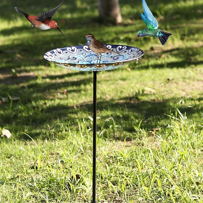 MUMTOP Glass Bird Baths, Garden Outdoor Birdbaths Birdfeeder with Metal Stake for Outside Yard Lawn, Blue