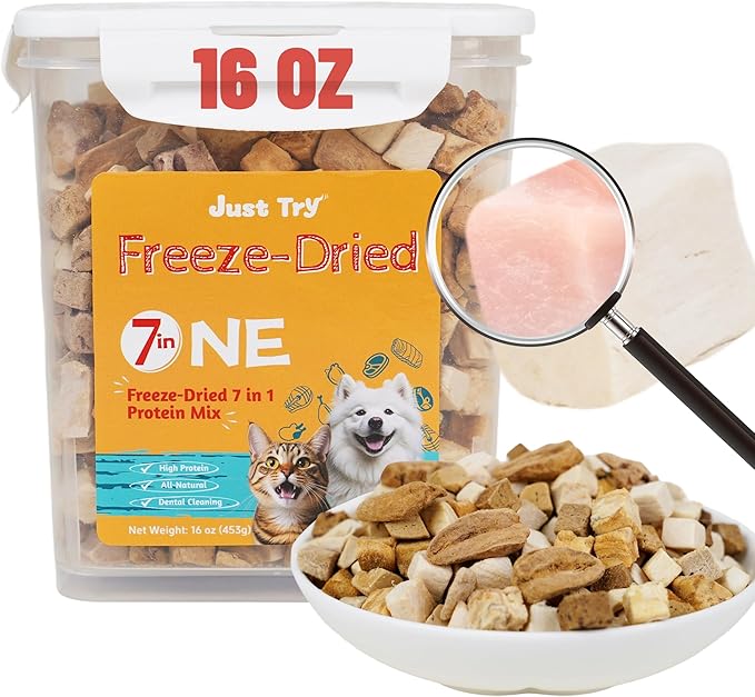 Just Try 7-in-1 Freeze-Dried Dog Teats Mix for Dogs & Cats - Chicken, Duck, Salmon, Cod, Liver & Heart - Grain-Free, Training & Treats