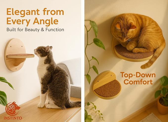 Cat Wall Shelves - Round Floating Cat Wall Steps with Scratch Pads, up to 20Lbs. Saving-Space Decorative Wall-Mounted Cat Furniture for Climbing, Playing & Resting - Solid Natural Wood by INSTINTO