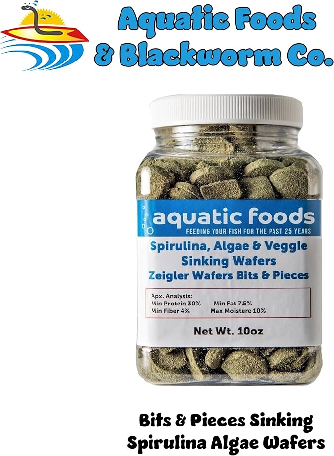 Aquatic Foods Inc. BITS & Pieces of Spirulina, Algae & Veggie Sinking Wafers for Bottom Fish, Shrimp, Snails, Crabs, Crayfish, All Tropical Fish…10oz Small Jar