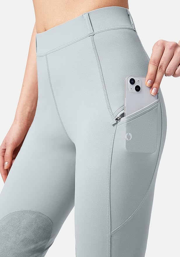 SANTINY Women's Horse Riding Pants with Zipper Pockets Knee-Patch Schooling Tights Equestrian Breeches for Women