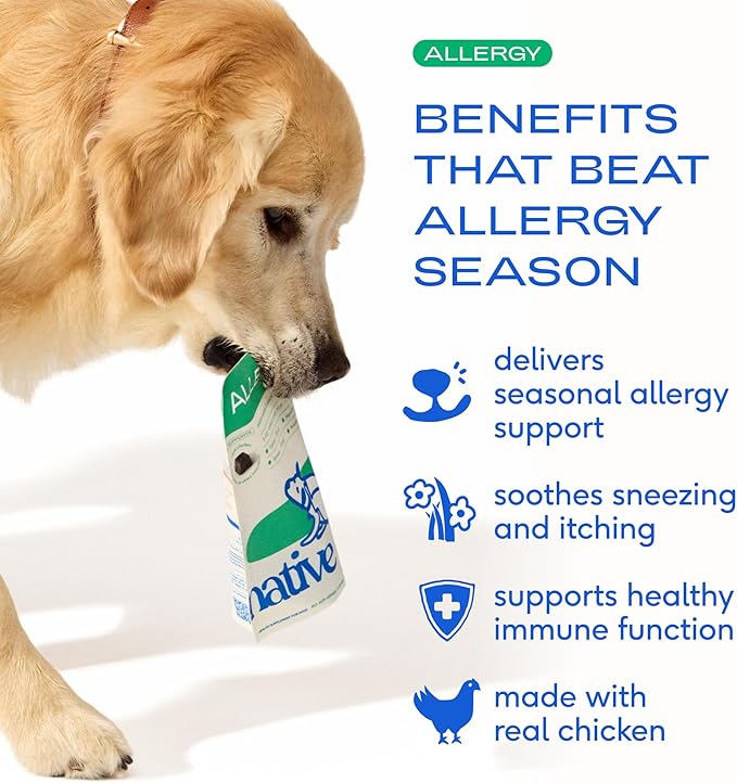 Native Pet Dog Allergy Chews - Dog Allergy Relief with Probiotics and Colostrum for Itchy Skin Relief to Support Seasonal Allergy and Healthy Immune System - All Natural Anti-Histamine - 90 Chews