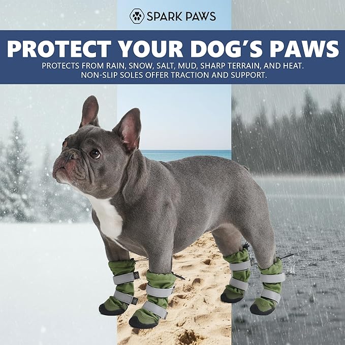 Spark Paws Dog Shoes, Waterproof Dog Boots for Medium to Large Dogs, Non Slip, Breathable Dog Booties and Paw Protectors - 4PCS Doggie Hiking Boots with Reflective Straps - Green, Size 3