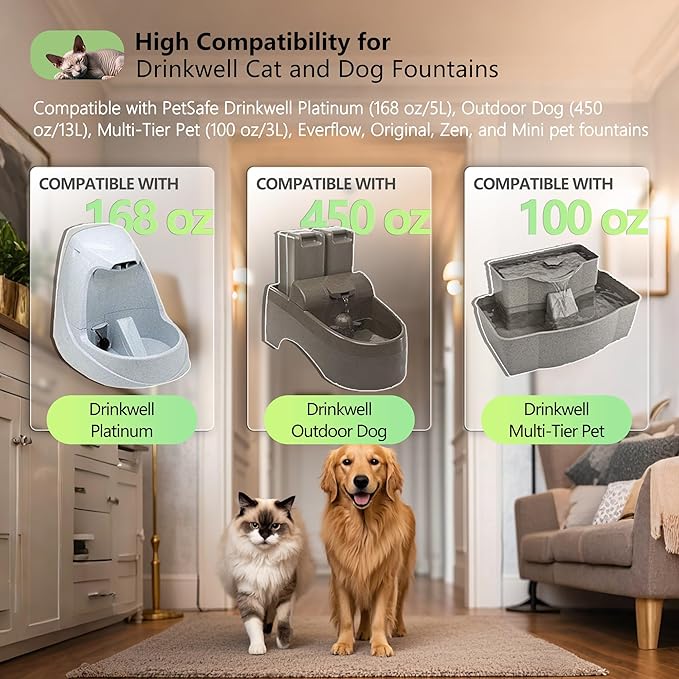 Cat Water Fountain Replacement Carbon Filters Compatible with PetSafe Drinkwell Platinum Pet Fountain, Premium Pet Water Fountain Filter (BLACK, 6 PACK)
