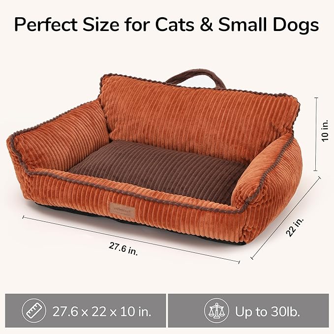 FUKUMARU Dog Couch Bed, Fluffy Corduroy Cat Beds for Indoor Cats with Washable Cover, Waterproof Small Dog Sofa Beds with Portable Handle and Anti-Slip Bottom, Pet Beds & Furniture 28inch, Orange