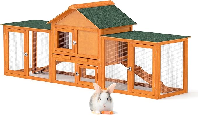 82.5” Large Wooden Rabbit Hutch Outdoor Easy to Assemble Rabbit Cage and Durable Bunny Hutch Indoor with Cleaning Tray & Waterproof Roof for Small and Medium Bunny Rabbit Chick (Orange)