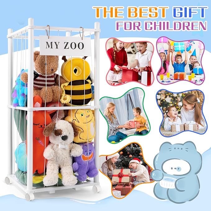 Stuffed Animal Storage Zoo with Wheels, Wooden Stuffed Animal Organizer with Elastic Cords, Space Saving Toy Plushies Storage Holder for Playroom, Bedroom, Living Room(White, Small)
