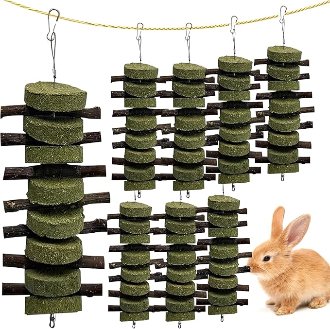 kathson 8PCS Bunny Chew Toys for Teeth Grinding, Chinchilla Treats Organic Bamboo Sticks Natural Fruitwood Branches for Rabbits Guinea Pigs Hamsters (Fruitwood Sticks+Alfalfa Cakes)