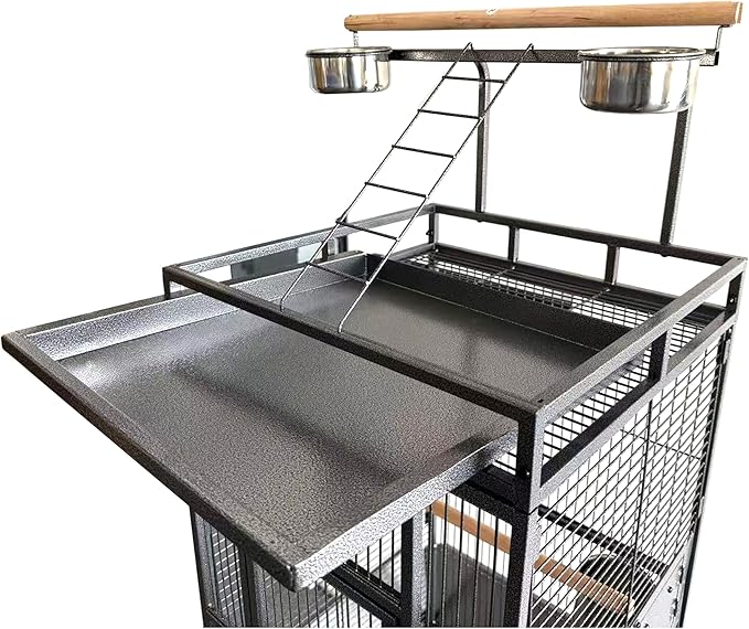 61" Cockatiel Cage, Flight Cage with Rolling Stand, Play Top & Bowls - Metal Large Bird Cages for Parakeets, Conures, Parrots - Exploding Silver