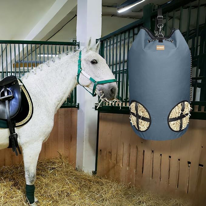 Hay Bags for Horses,4 Holes Slow Feeder Hay Bags for Goats,Sheep,Donkeys,Large Capacity Hay Feeder with Adjustable Top Opening for Easy Filling(Grey)