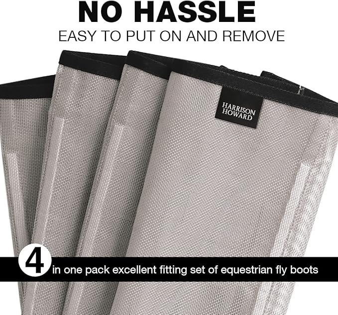 Harrison Howard Loose Fitting Fly Boots UV-Protective Extra Tough Mesh Ventilated Four Fasteners Stay-on Design Protect Horse Legs & Stomp-Reducing Set of 4 Original Grey Medium