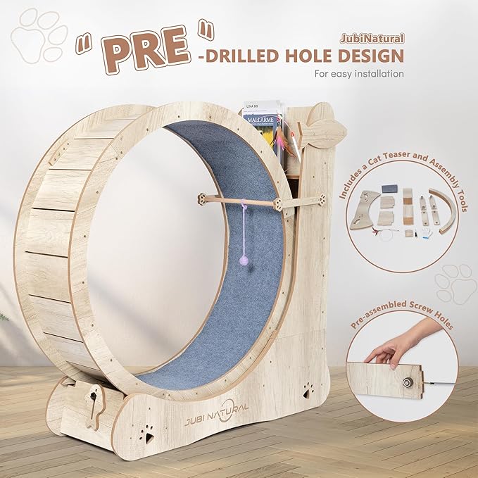 Cat Exercise Wheel, 35.9" Cat Running Wheels for Indoor Cats with with Locking Mechanism, Cats Treadmill Wheels with Scratching Board and Teaser Toy, Cat's Weight Loss and Health