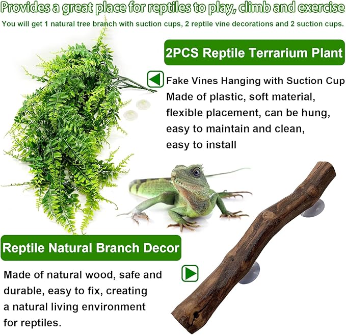 kathson Reptile Corner Branch Climbing Wood & Hanging Fake Plants,1 Reptile Branches & 2 Terrarium Plastic Plant, Bearded Dragons Tank Decor for Amphibians, Lizards, Geckos, Snakes, Frogs, Hermit Crab
