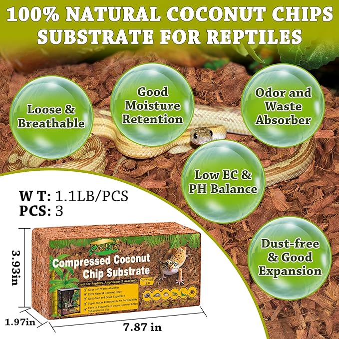 ZeeDix 3PCS Coconut Husk for Reptiles, Organic Coconut Chips Substrate Coco Husk Snake Bedding, Coco Coir Chips Reptile Substrate for Ball Python, Tortoises, Geckos, Lizards, Hermit Crab, Lizard