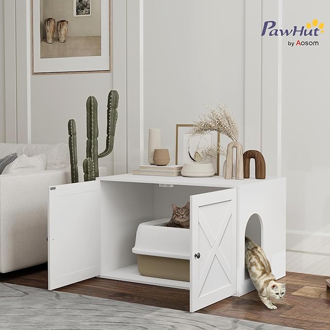 PawHut Cat Litter Box Enclosure, Hidden Litter Box Furniture with Barn Door, Cat Hole, Indoor Pet House Washroom, End Side Table, 31.5" x 21" x 20", White
