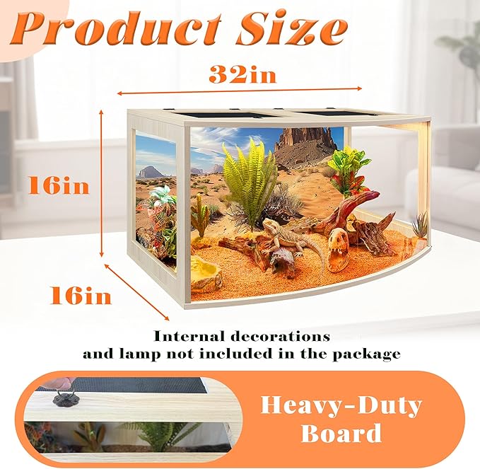 PROLEE Bearded Dragon Tank, Curved Reptile Enclosure with 3-Side Clear Acrylic Panels, Spacious Lizard Tank with Metal Mesh Top and Lockable Door for Reptile Habitat (Oak, 32" Length,34 Gallons)