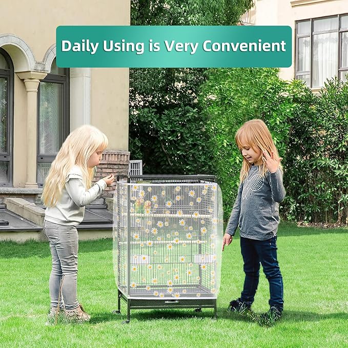 Bird Cage Seed Catcher, Seed Catcher Guard Net Cover, Parrot Nylon Mesh Net Cover, Universal Soft Airy Cage Net Stretchy Skirt for Round Square Cages (Daisy-White, 15.7" x87")