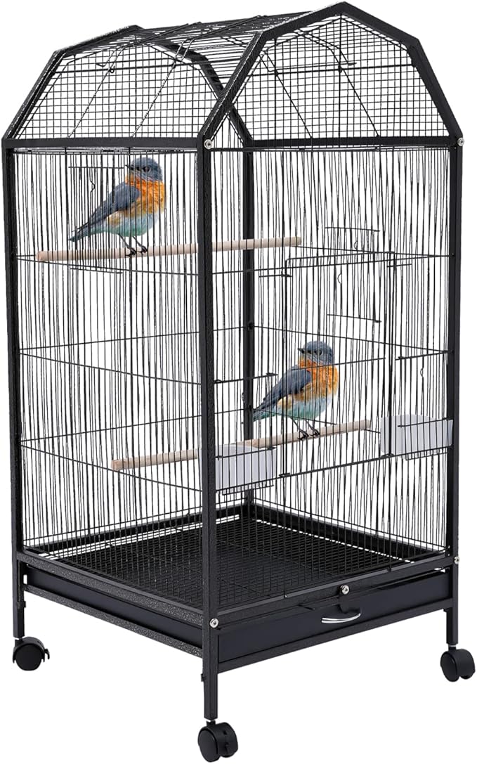 Parakeet Bird Cage 36.9 Inch Wrought Iron Flight Bird Cage Pet Bird Flight Cages with 4 Universal Wheels 3 Standing Poles Rolling Stand Bird Playground