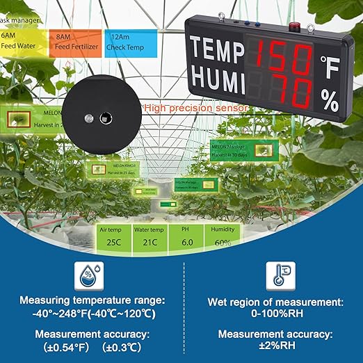 JIAWANSHUN Large Led Digital Thermometer Hygrometer, -40°F-248°F & 0-100% RH, High Accuracy 4" LED Temperature and Humidity Monitor with Alarm, Industrial Use for Chicken Farm,Pet House&Greenhouse