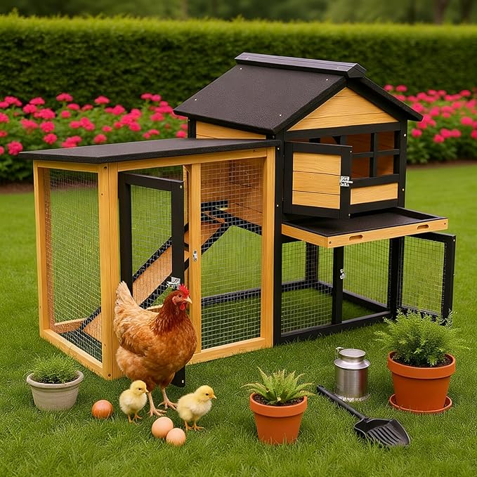 Bunny Cage Premium Rabbit Hutch with Leak-Proof Roof, 2-Story Bunny House for Guinea Pigs & Hamster, Wooden Chicken House with Deep Pull-Out Tray, Waterproof Chicken Coop for Outside (Yellow Black)