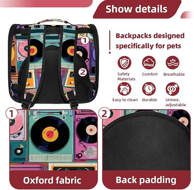 Color Record Player Pattern (3) Cat Backpack Carrier Pet Backpack Carrier for Small Dogs and Medium cat Puppy Kitten Bunny