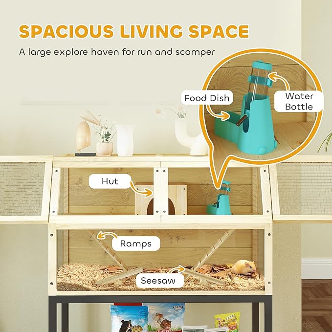 PawHut Hamster Cage with Storage Shelf, Wooden Rat Cage on Wheel, Small Aniaml Cage with Seesaws, Water Bottle, Hut & Ramps, for Dwarf, Gerbil, Syrian Hamster, Mouse, 34" L x 17" W x 40" H
